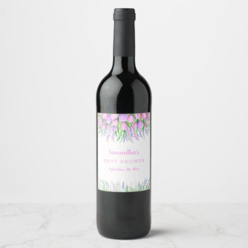 Baby Shower Floral Spring Lavender Tulips Greenery Wine Label