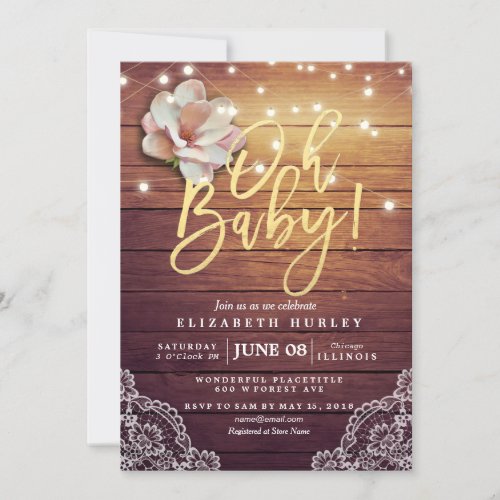 Baby Shower Floral String Lights Rustic Wood Lace Invitation