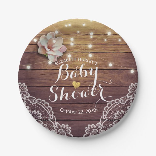 Baby Shower Floral String Lights Rustic Wood Lace Paper Plates (Front)