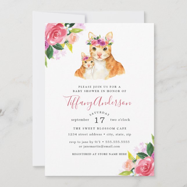 Baby Shower Floral Sweet Mom And Baby Cat Invitation (Front)