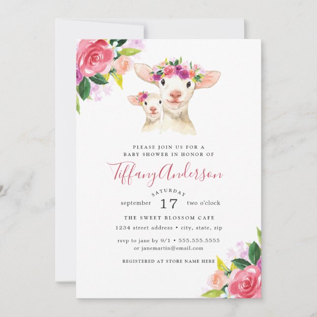 Baby Shower Floral Sweet Mom And Baby Lamb Invitation (Front)