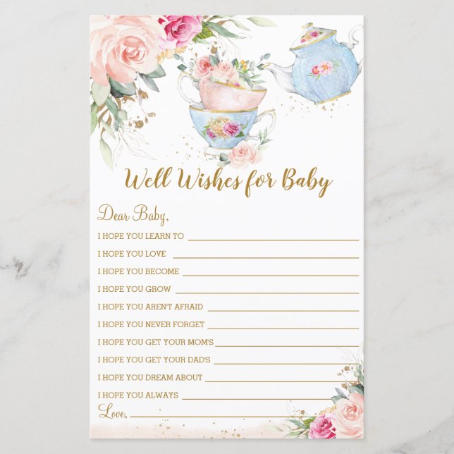 Baby Shower Floral Tea Party Well Wishes for Baby  (Front)