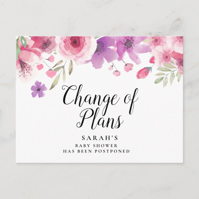 Baby Shower Floral Watercolour Postponed Postcard (Front)