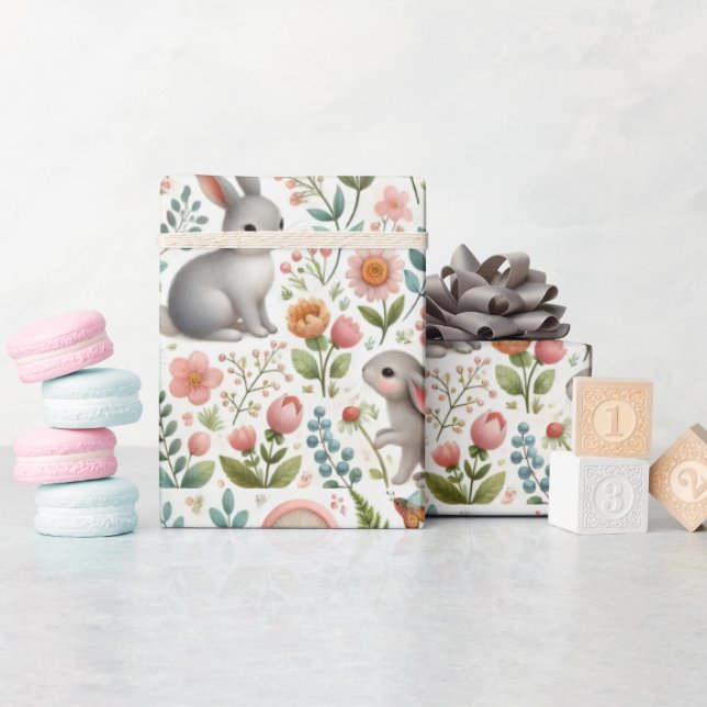 Baby Shower Floral with Rabbits Watercolor   Wrapping Paper (Baby Shower)