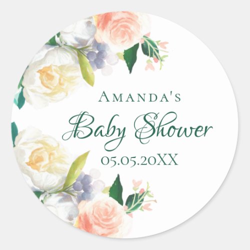 Baby Shower florals blush pink name Classic Round Sticker