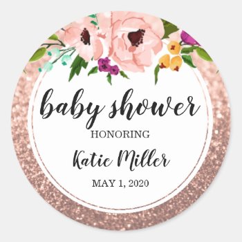 Baby Shower Flower Crown Glitter Pink Rose Gold Classic Round Sticker by Vineyard at Zazzle