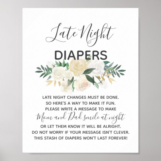 Baby Shower Flowers Late Night Diapers Sign (Front)
