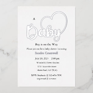 Baby Shower Foil Invitation, Script, Heart, Boy Foil Invitation
