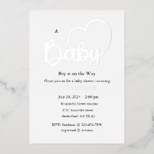 Baby Shower Foil Invitation, Script, Heart, Boy Invitation