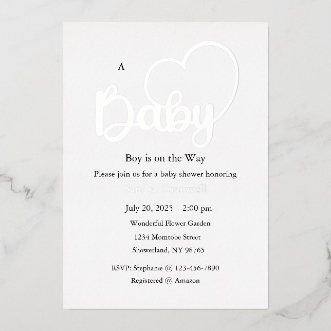 Baby Shower Foil Invitation, Script, Heart, Boy Invitation (Front)