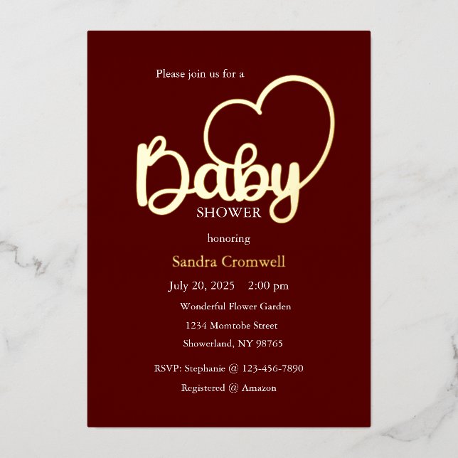 Baby Shower Foil Invitation, Script, Heart Foil Invitation (Front)