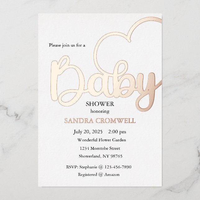 Baby Shower Foil Invitation, Script, Heart Invitation (Front)