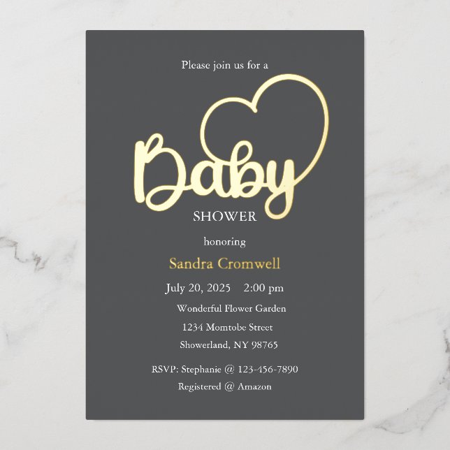 Baby Shower Foil Invitation, Script, Heart Invitation (Front)