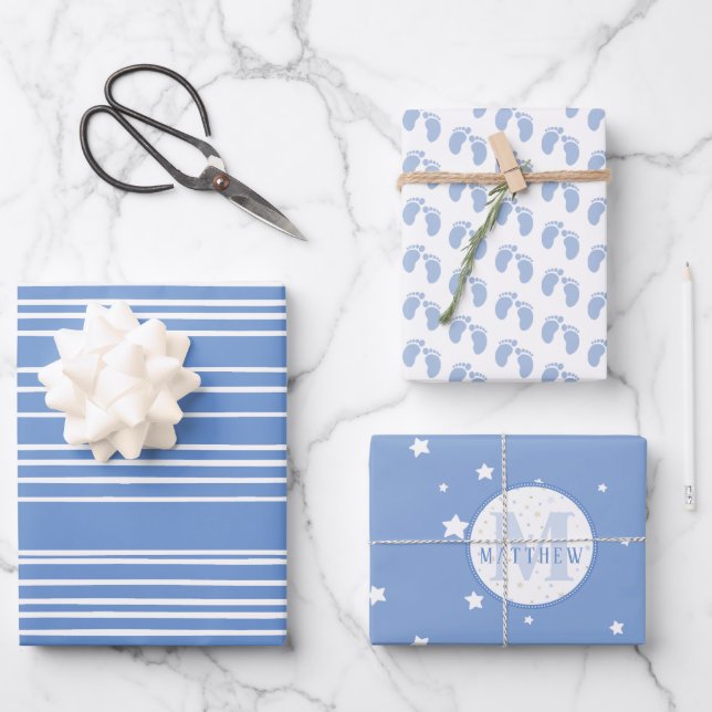 Baby Shower Footprint Baby Boy Wrapping Paper  (Front)