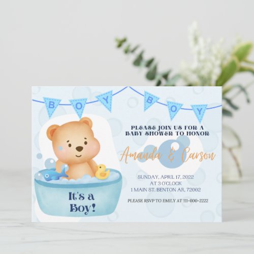 Baby shower for a boy bubble bath bear  invitation
