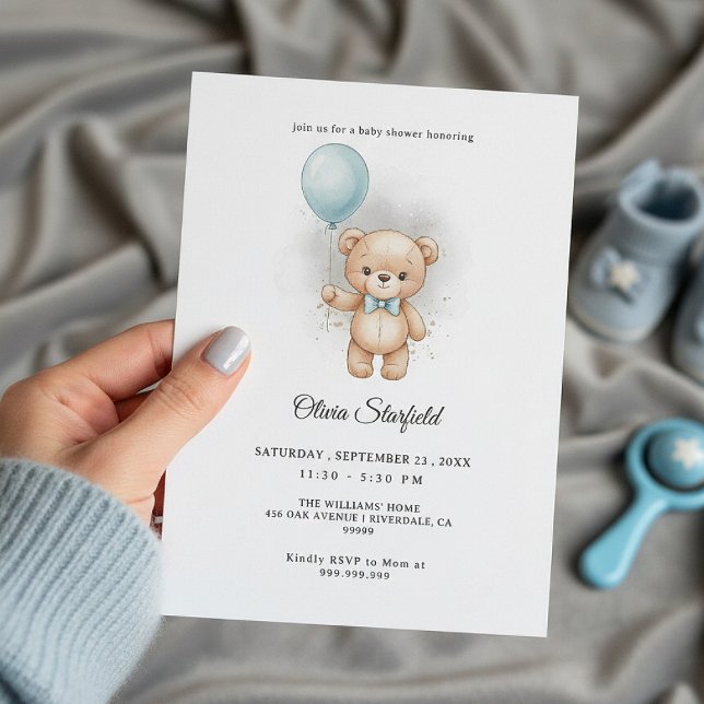 Baby Shower for Boy Blue Balloon, Teddy Bear & Bow Invitation (Creator Uploaded)