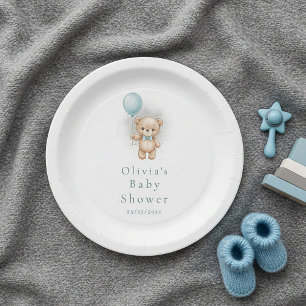 Baby Shower for Boy Blue Balloon , Teddy Bear Bow Paper Plates