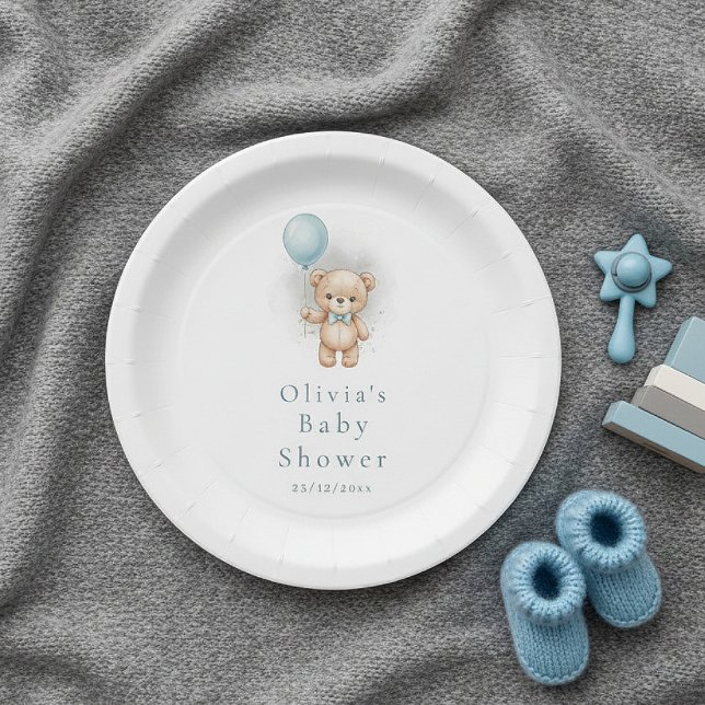 Baby Shower for Boy Blue Balloon , Teddy Bear Bow Paper Plates (Creator Uploaded)