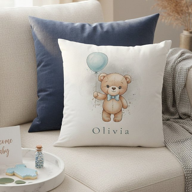 Baby Shower for Boy – Blue Balloon Teddy Bear Throw Pillow (Creator Uploaded)