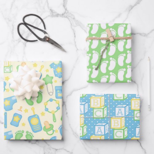 Baby Shower for Boy in Blue Green Yellow Wrapping Paper Sheets