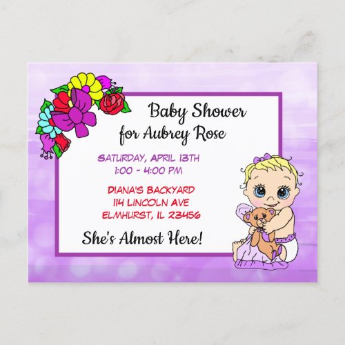 Baby Shower for Girl Baby and Teddy Bear Purple Postcard