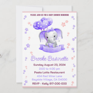Baby Shower for Girl Pink & Purple Baby Elephant Invitation