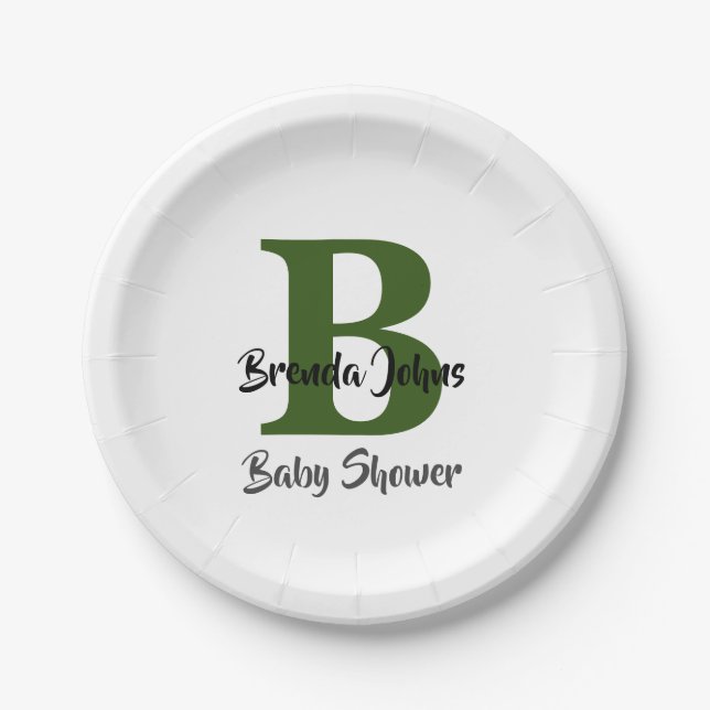 Baby Shower Forest Green Monogram Jungle Theme Paper Plates (Front)