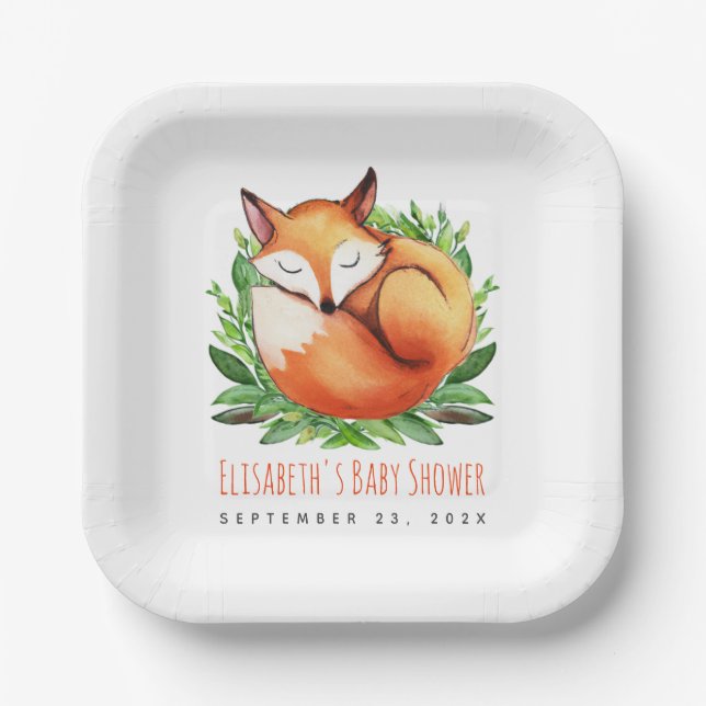 Baby Shower Fox Sleeping Cute Woodland Watercolor Paper Plates (Front)