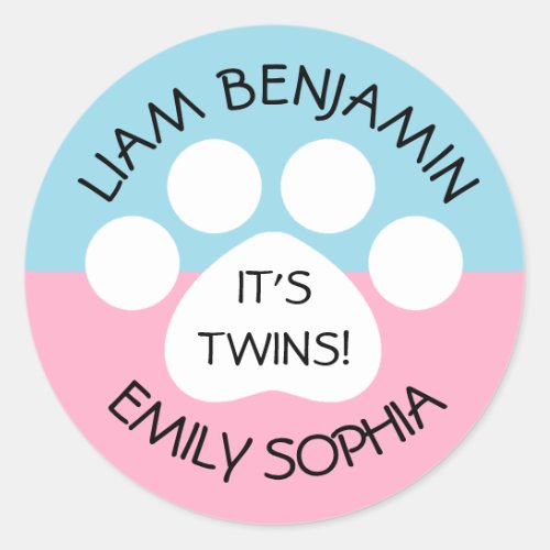 Baby Shower _ Fraternal Twins _ Paw Print Theme Classic Round Sticker