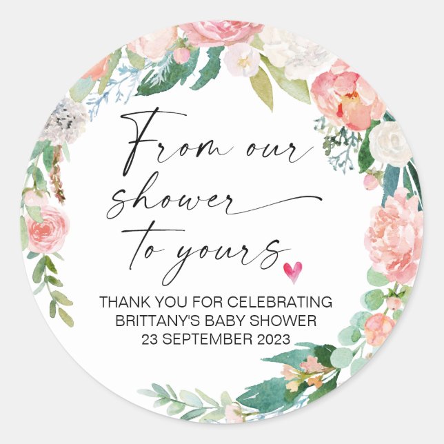 Baby Shower From Our Shower to Yours Party Favour  Classic Round Sticker (Front)