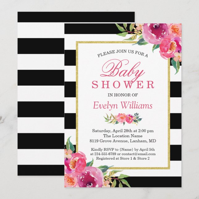 Baby Shower Fuchsia Purple Red Floral Stripes Invitation (Front/Back)