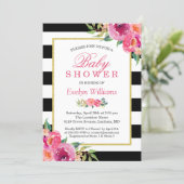 Baby Shower Fuchsia Purple Red Floral Stripes Invitation (Standing Front)