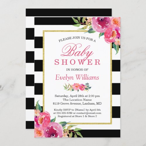 Baby Shower Fuchsia Purple Red Floral Stripes Invitation