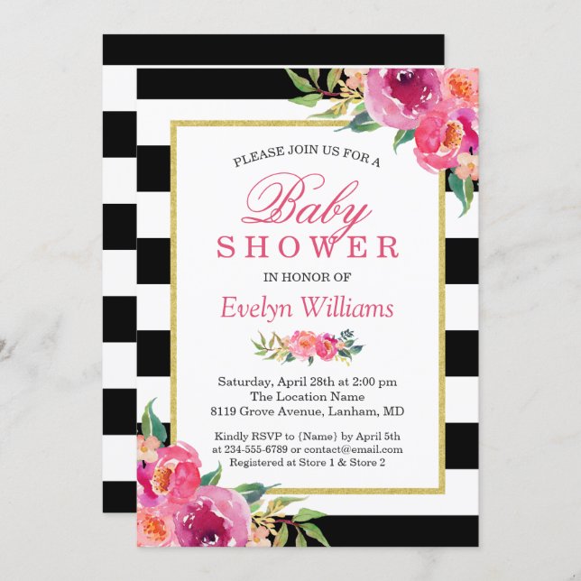 Baby Shower Fuchsia Purple Red Floral Stripes Invitation (Front/Back)