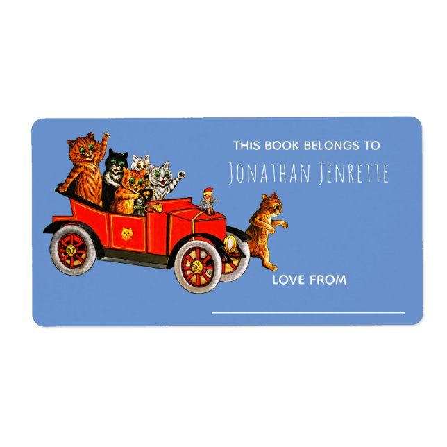 Baby Shower Funny Cartoon Cats Retro Car Kids Blue Label (Front)