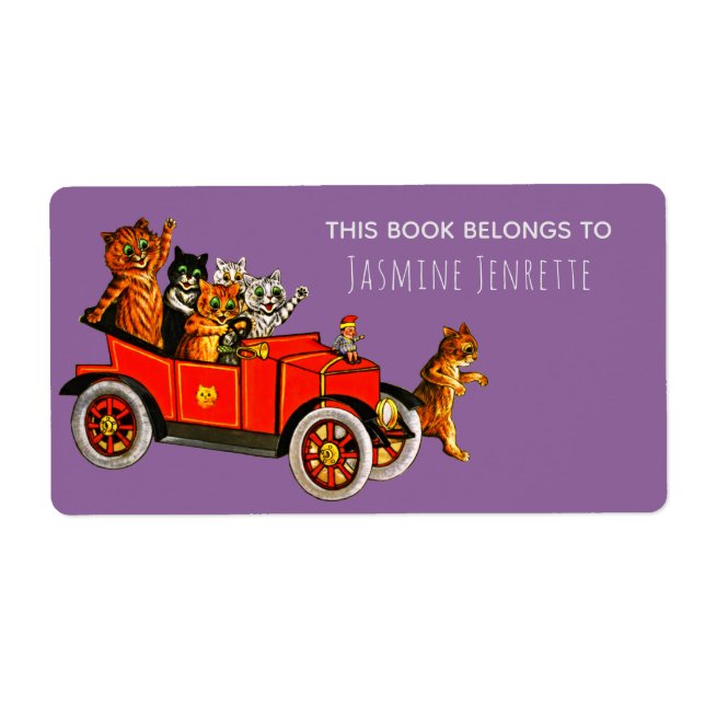 Baby Shower Funny Cartoon Cats Retro Car Purple Label (Front)