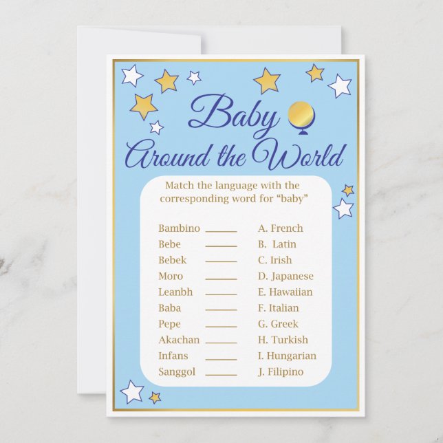 Baby Shower Game Around the World Blue Gold Stars Invitation (Front)