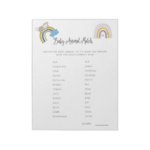 Baby Shower Game Baby Animal Match Gender Neutral Notepad