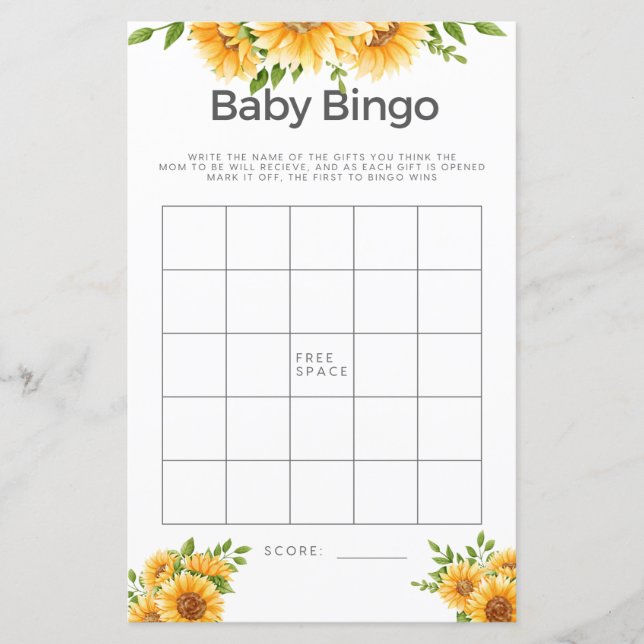 Baby Shower Game Baby Bingo Yellow Sunflowers (Front)