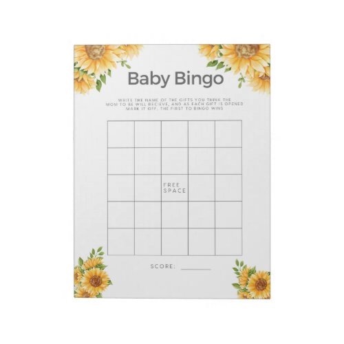 Baby Shower Game Baby Bingo Yellow Sunflowers Notepad
