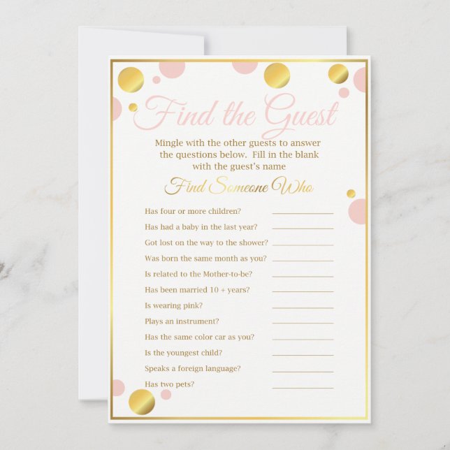 Baby Shower Game "Find the Guest" Pink and Gold Invitation (Front)