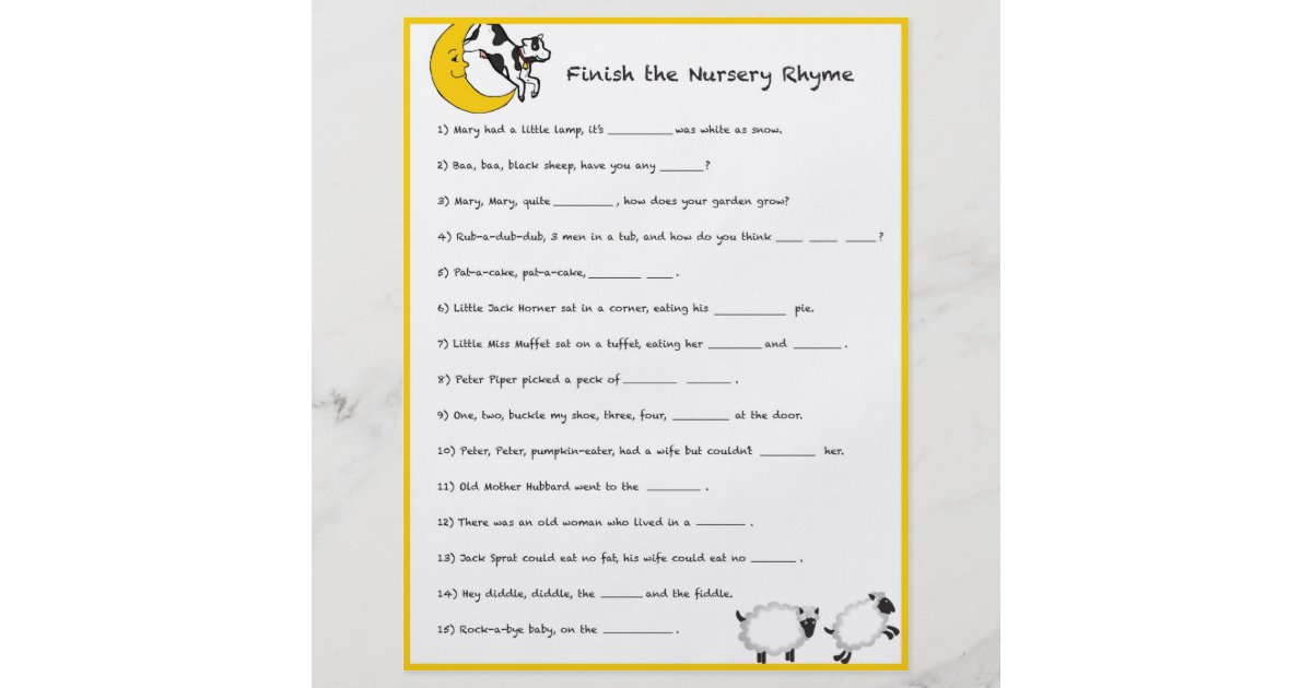 Baby Shower Game - Finish the Nursery Rhyme Flyer | Zazzle.com Baby Shower Game - Finish the Nursery Rhyme Flyer | Zazzle.com