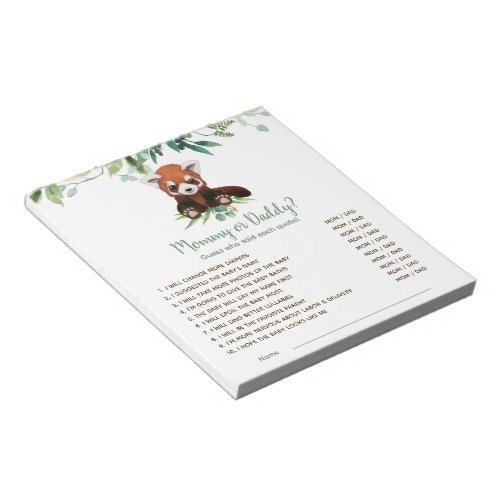 Baby Shower Game Guess Who Red Panda Bear Notepad