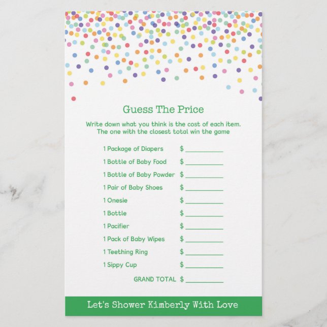 Baby Shower Game in Confetti Theme (Front)