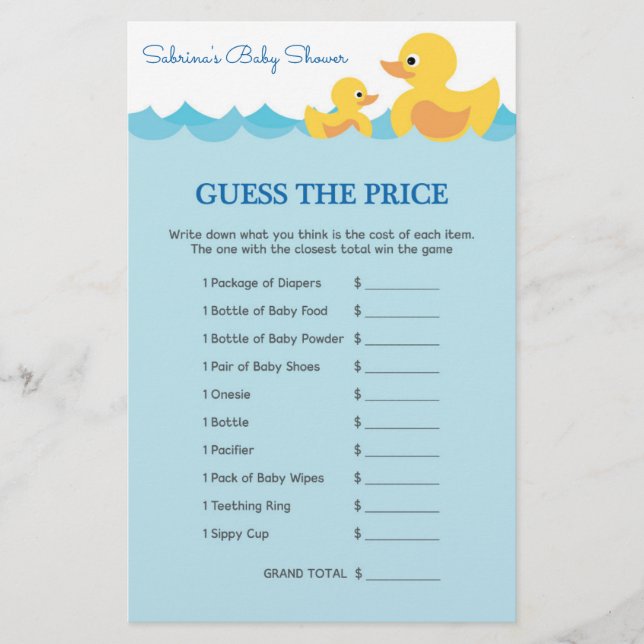 Baby Shower Game in Cute Rubber Duck Theme (Front)