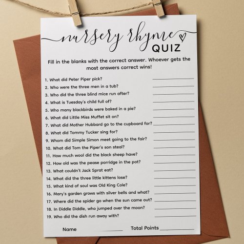 Baby Shower Game Nursery Rhyme Quiz Card