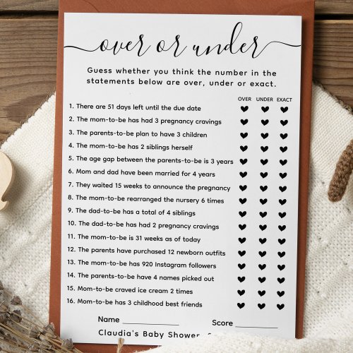 Baby Shower Game Over or Under Card