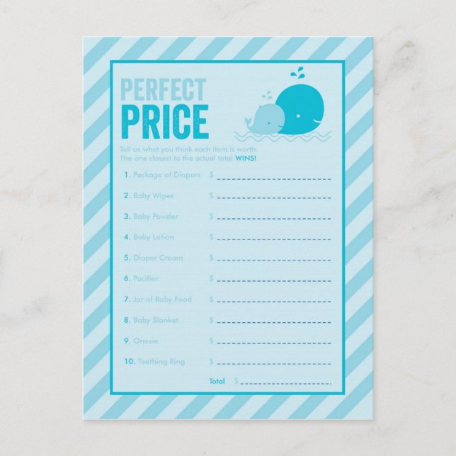 Baby Shower Game - Perfect Price - Blue Whale Invitation Postcard (Front)