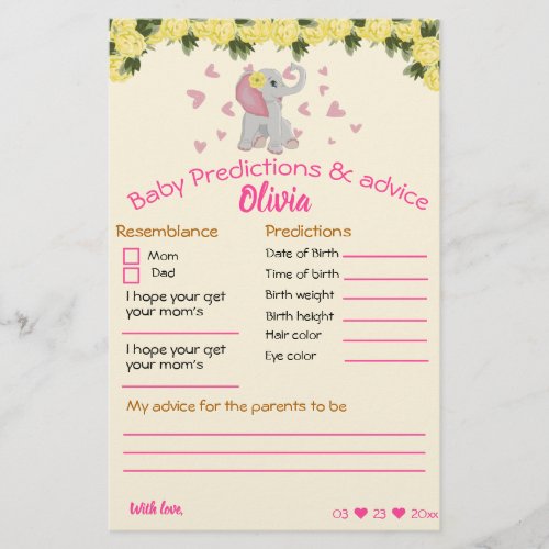 baby shower game pink and grey elephant cards