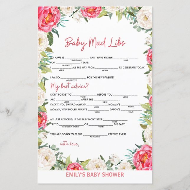 Baby Shower Game Pink and Ivory Florals (Front)